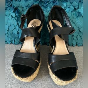 Like New Vince Camuto Black/Tan Wedge Espadrille Sandal Size 38